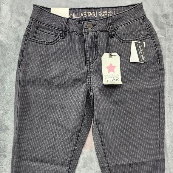 NEW Vanilla Star Jeans Womens 3 Juniors Gray Pin Striped Mid Rise Skinny Ankle - Picture 2 of 16